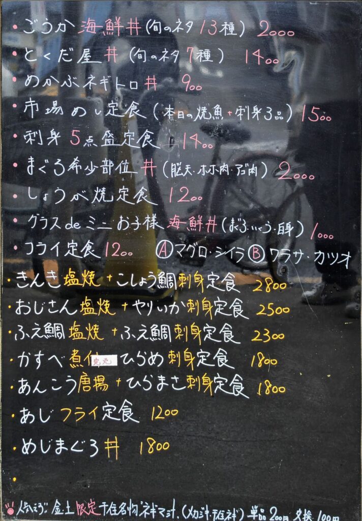 東京都中央卸売市場 足立市場場内「とくだ屋」のメニュー表